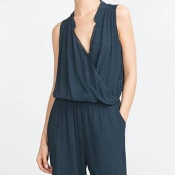 Zara Basic Beaded Surplice Neckline Jumpsuit Navy Blue - M‎ - Picture 2 of 10
